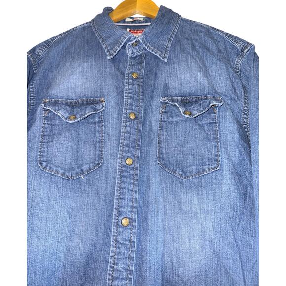 Wrangler Chambray Pearl Snap Button Up Shirt Men's XL Fisherman Distressed Fall - Picture 2 of 9